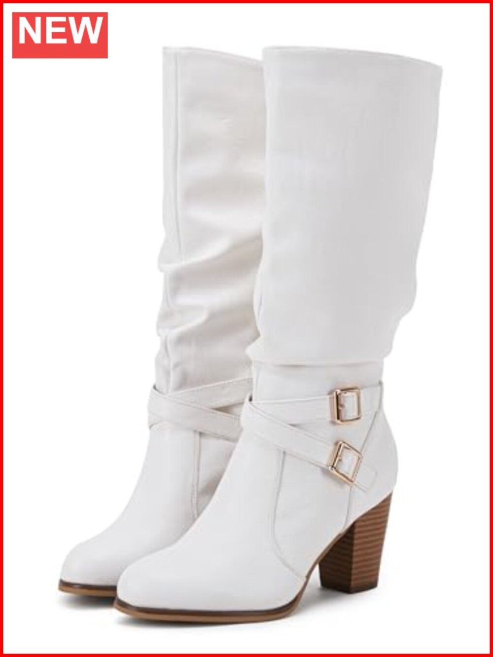 Faux Leather Knee High Boots Chunky Heel Slouchy Metal Buckle Side Zip